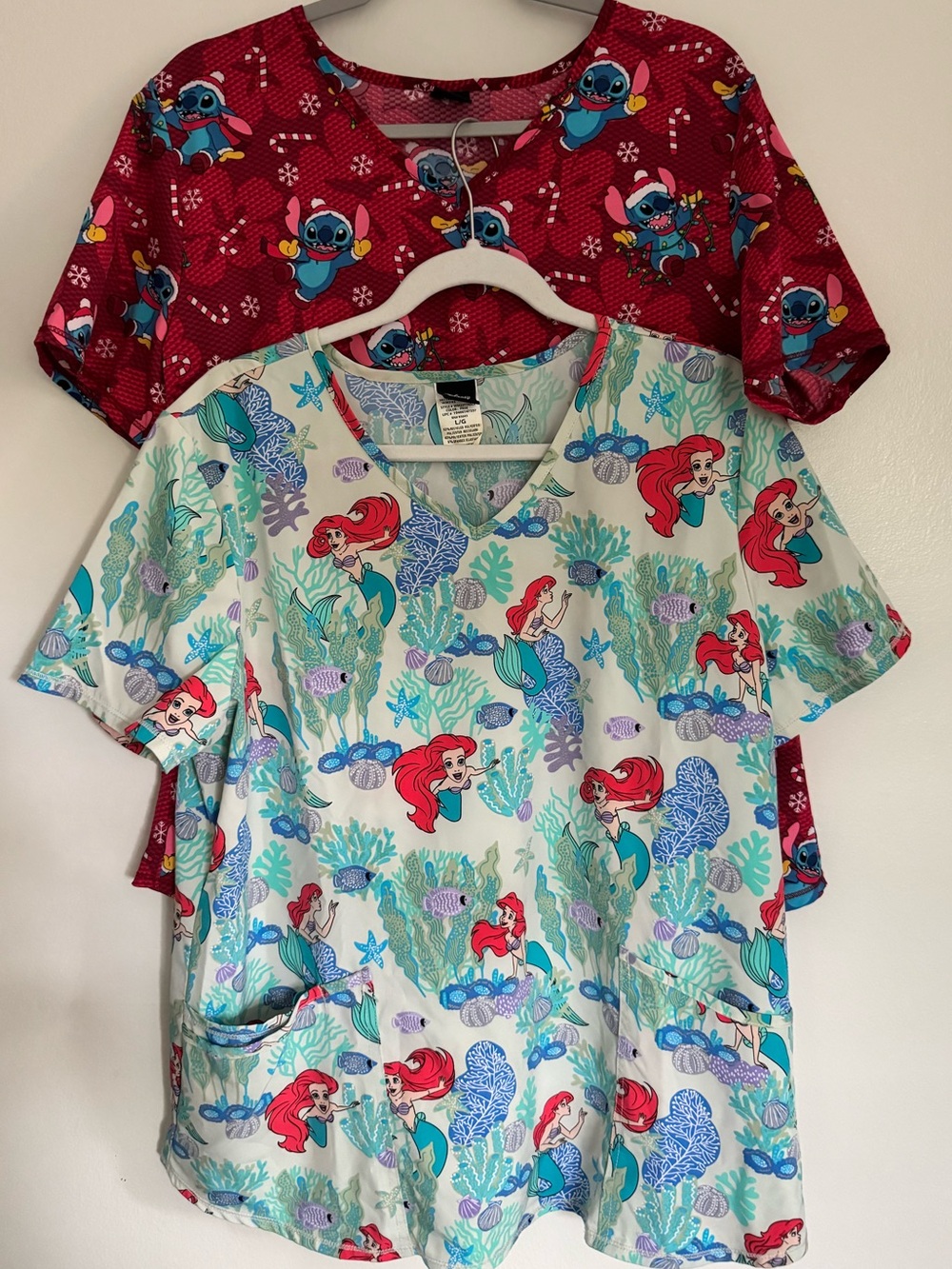 DISNEY Lot of 2 Women's Scrub Tops - Little Mermaid & Xmas Stitch - Size Large